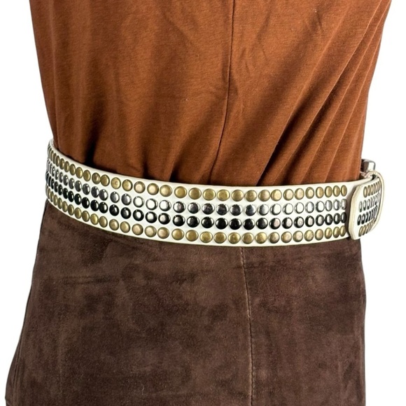 OFF WHITE FAUX LEATHER STUDDED MULTI METAL BRASS SILVER BELT BOHO PUNK RETRO - Picture 5 of 11